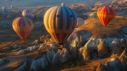 Obraz premium A fleet of colorful hot air balloons gliding over the rugged terrain and ancient cave dwellings of Cappadocia. full ultra hd high resolution stunning crisp vivid detailed high-contrast 