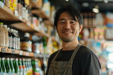Naklejka premium Portrait half-body of a Japanese small business owner organizing products on shelves in a new store, hyper-realistic, high detail, photorealistic