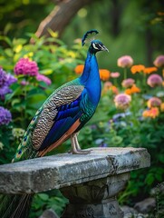 Obraz premium Majestic Peacock Posing on Stone Bench in Vibrant Garden