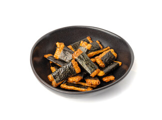 Senbei isolated, kaki no tane rice crackers, japanese crispy snack, sembei, okaki with wasabi, nori