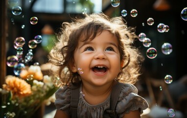 A cute baby girl with curly hair smiles and laughs as she blows bubbles outdoors on a sunny summer day