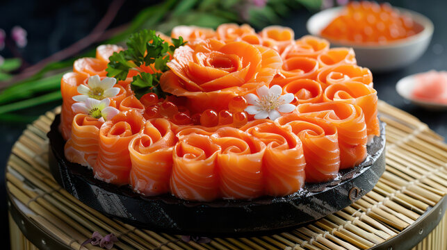 Happy birthday, Slice Salmon shasimi cake on plate.Generative AI