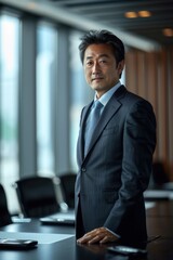 Fototapeta premium Portrait half-body of a Japanese professional presenting a business plan in a modern boardroom, hyper-realistic, high detail, photorealistic