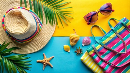 Vibrant summer arrangement featuring stylish beach accessories on a bright colored background, perfectly composed in a trendy top view flat lay.