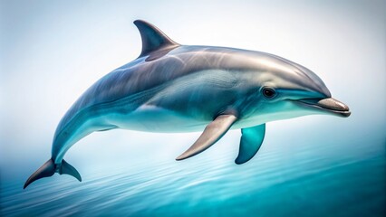 Obraz premium Close-up of a solitary dolphin placed centrically on a pure white background, with gentle curves and vibrant oceanic coloring.