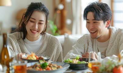 couple happily enjoying a meal together at home, white clean modern living room.Generative AI