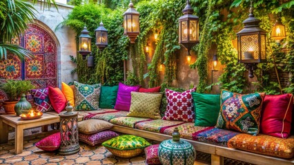 Fototapeta premium Vibrant Bohemian-inspired balcony with plush textiles, lanterns, and lush greenery, evoking a serene and intimate outdoor retreat atmosphere.