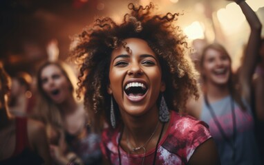 A diverse group of young adults dance and laugh at a music festival