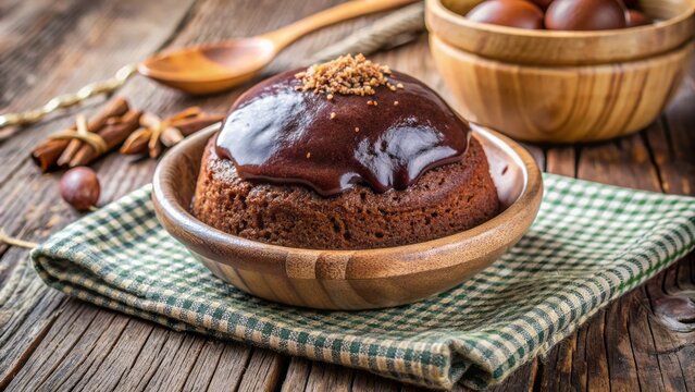 Traditional Finnish Easter dessert M?mmi, rich dark brown rye flour sweetened with molasses, served in a small wooden bowl.