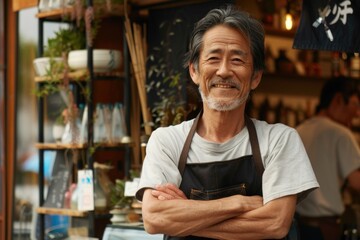 Portrait half-body of a Japanese small business owner planning a grand opening event, hyper-realistic, high detail, photorealistic