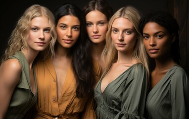 Fototapeta premium A group of five women with different skin tones and hair colors pose together in a studio setting