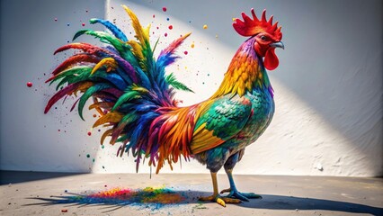 Fototapeta premium Vibrant rooster statue covered in rainbow-colored splattered paint set against stark white backdrop with subtle shadows and texture.