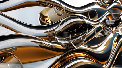 Abstract Golden Fluid Art with Reflective Spheres and Swirls