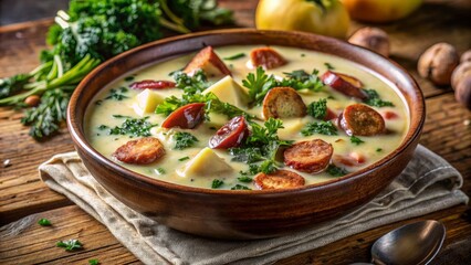 Richly flavored, creamy potato soup with crispy kale and savory sausage chunks, served in a rustic, earth-toned ceramic bowl.