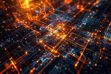 A close-up shot of a circuit board featuring orange lights