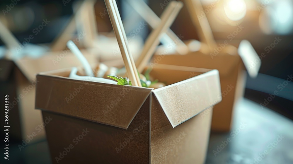 Poster a close-up shot of a box containing chopsticks, ideal for use in food or cultural related contexts