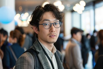 Portrait half-body of a Japanese professional networking at a startup event, hyper-realistic, high detail, photorealistic