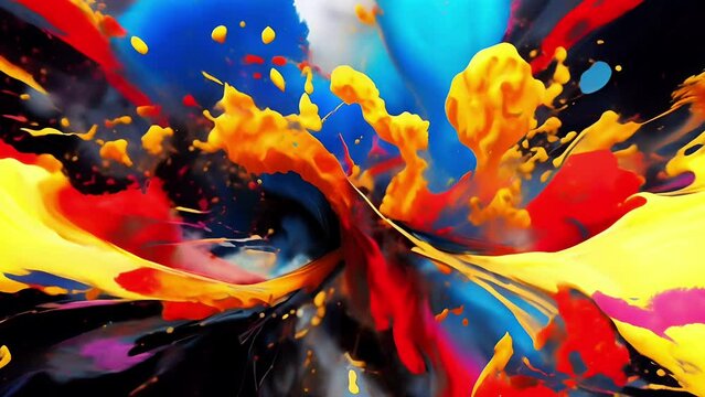 Dynamic abstract explosion of oil paint in vibrant colors and shapes on a dark motion background