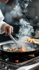 A chef stirs food in a hot wok, flames and smoke billowing from the pan, a testament to their culinary expertise