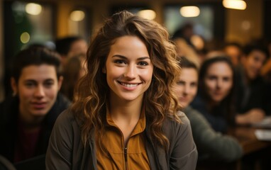 Fototapeta premium A young woman with long, curly brown hair smiles confidently at her audience as she presents a business training session