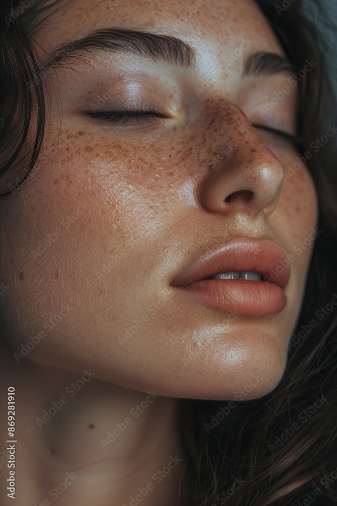 Wall mural A close-up shot of a woman's face featuring distinctive freckles