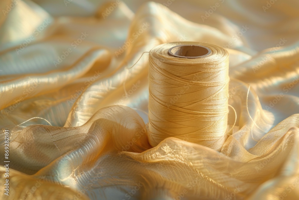 Poster a spool of thread sits on top of a bed, ready for use