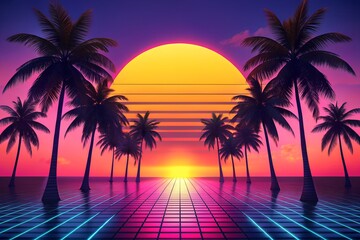 Naklejka premium 80s retro sunset, palm trees on both sides