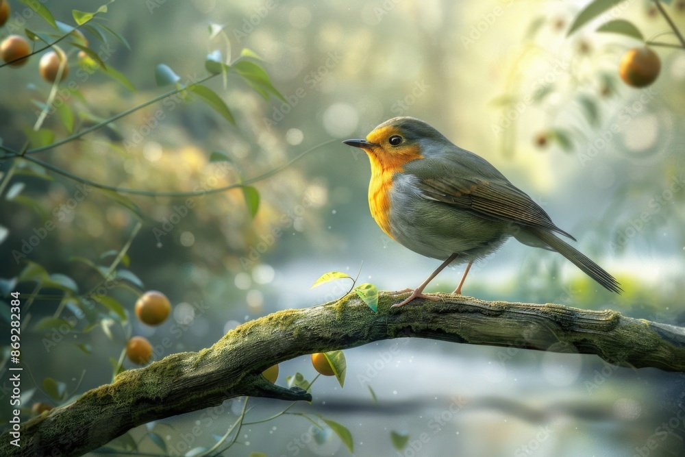Poster a small bird sitting on a branch of a tree, ready to take flight