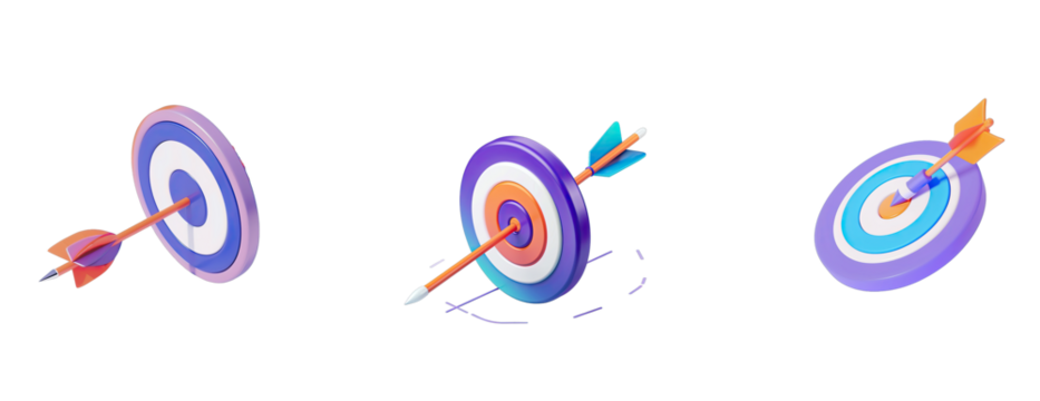 Collection 3D icon of a target with an arrow on a black background in an isometric view in the style of minimalistic style with purple and blue colors using simple shapes and a bright color palette - Powered by Adobe