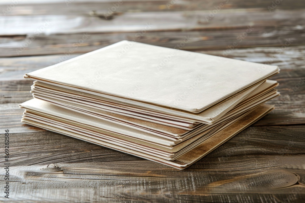 Poster a stack of papers placed on a wooden table, ready for review or analysis