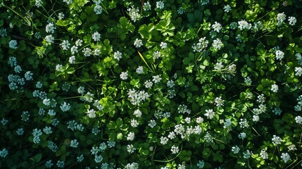 Fototapeta premium A beautiful top down view of a summer field with white flowers, dense green grass and vibrant white