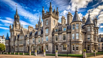 Fototapeta premium Majestic Aberdeen Town House stands proud with intricately carved stonework and ornate Gothic Revival details in historic Scotland setting.