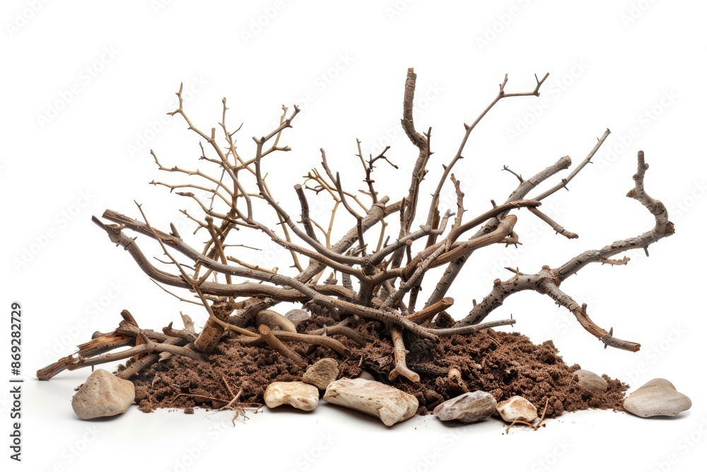 Poster a natural landscape element with loose soil and stones on a clean surface