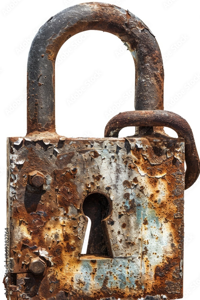 Poster An old, rusty padlock with a keyhole for locking and unlocking purposes