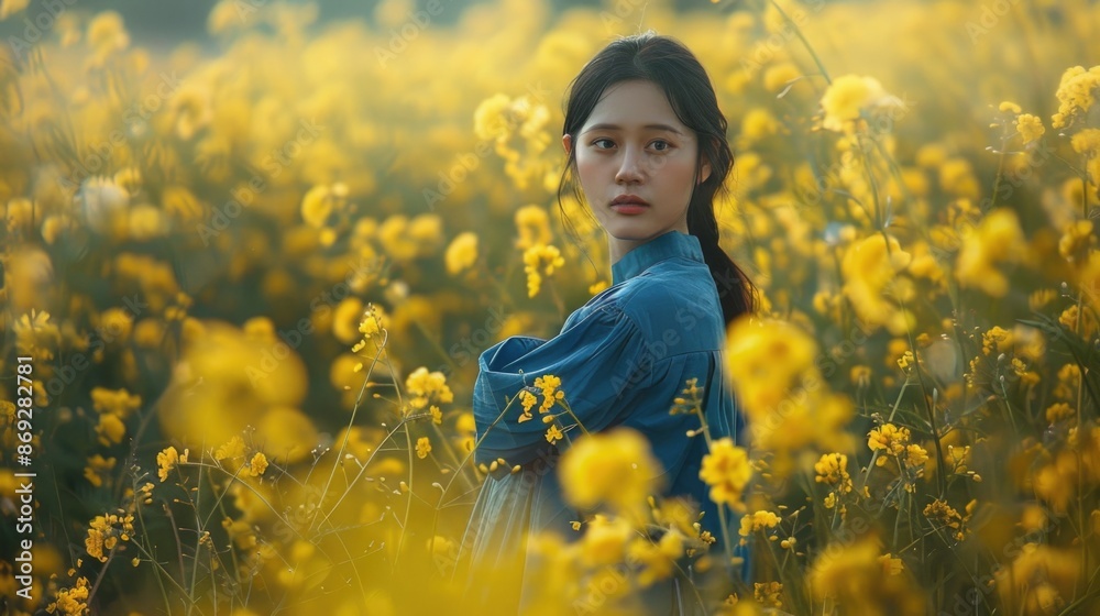 Canvas Prints A woman standing among bright yellow flowers, perfect for use as background or illustration