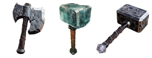 Collection 3D video game asset of a broken axe with a stone texture, on a Transparent background, from the side view. The axe is depicted in the style of being broken, with stone-like marking