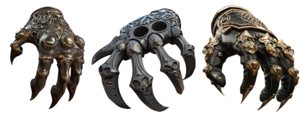 Collection Of beautiful bronze fantasy gauntlet with metal claws and decorative elements, Transparent background, hyperrealistic game asset