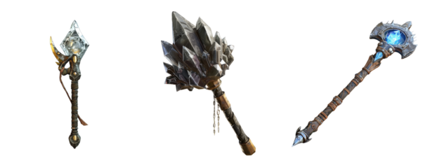 Collection of simple weapon, A mace made of ice crystal with leather wrapped handle and small golden embellishments on the head , RPG Game icon style render, black background