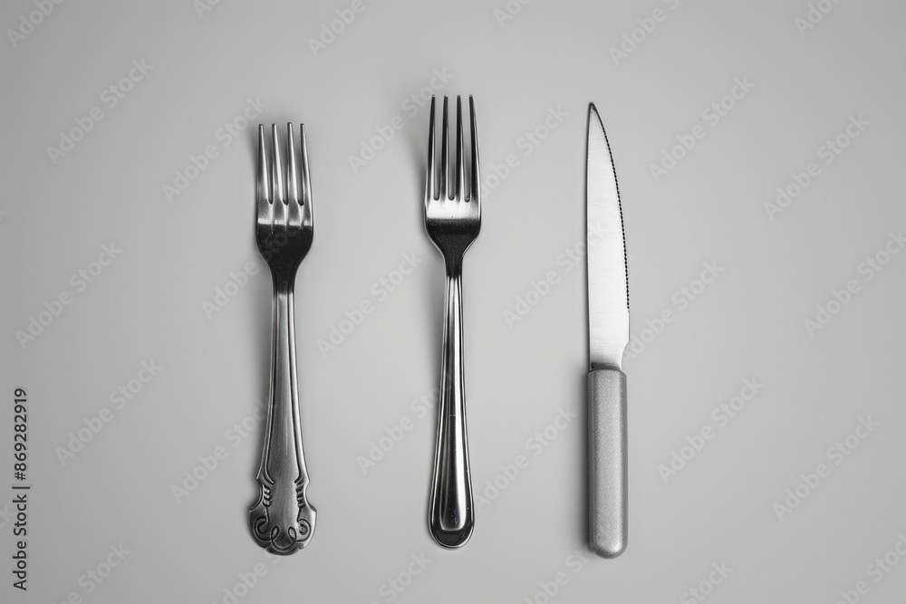 Poster a set of three utensils - a knife, fork, and spoon - placed on a flat surface