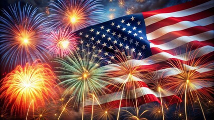 Vibrant explosive red white blue fireworks illuminate starry night sky with subtle American flag waving in background freedom celebration atmosphere.