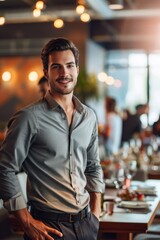 Obraz premium Portrait half-body of an American entrepreneur organizing a networking event, hyper-realistic, high detail, photorealistic
