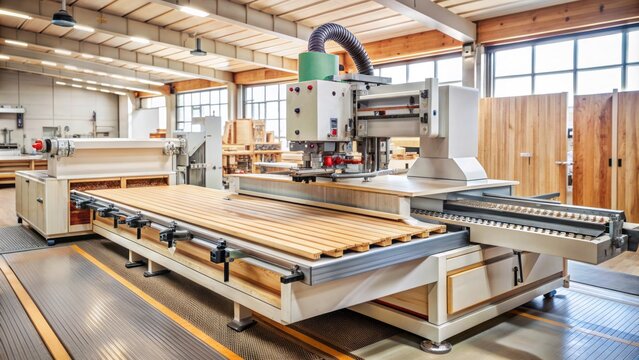 High-precision CNC wood cutting machine with numerical control panel and spinning cutting tool, surrounded by wooden workpieces and metal fixtures.