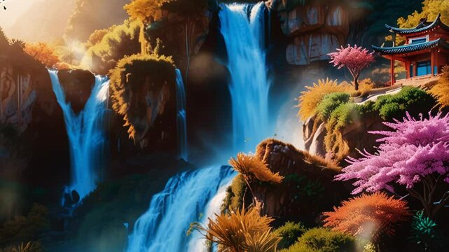 Landscape Rocky hills with Chinese temples and waterfalls, in a smooth looping background with 4K video animation.