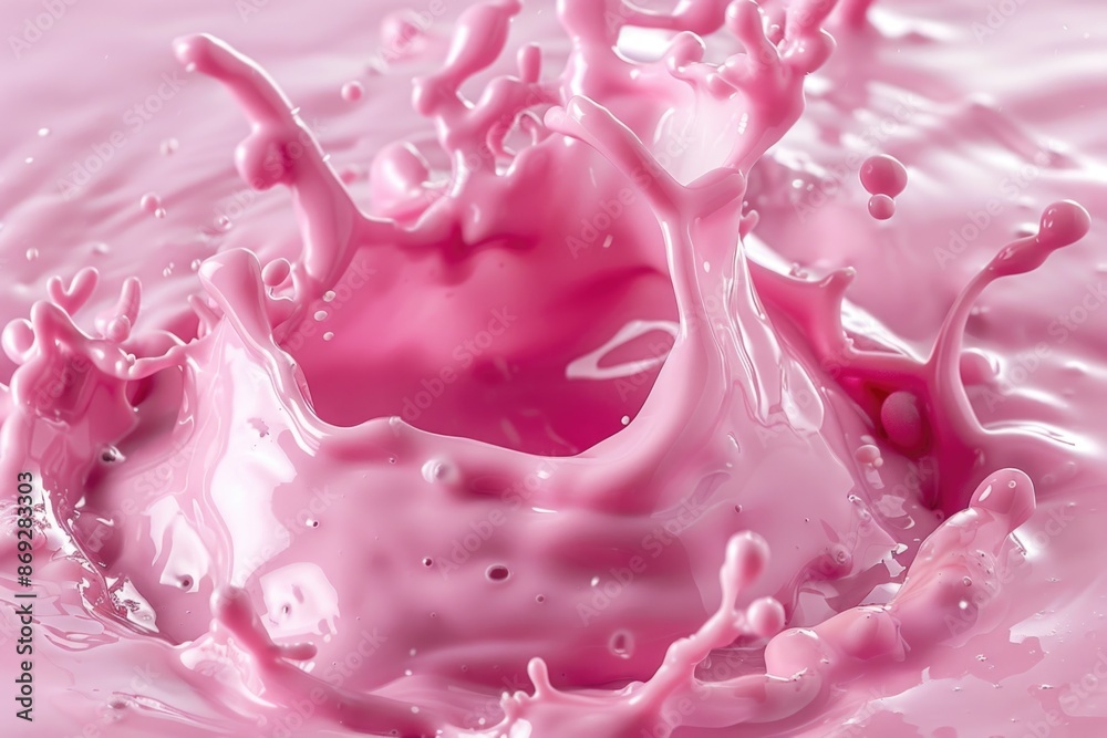 Poster a close-up shot of a pink liquid splashing on top of a white surface, great for use in designs relat