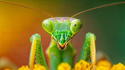 Close-up of a Vibrant Green Praying Mantis on a Yellow Flower in a Garden