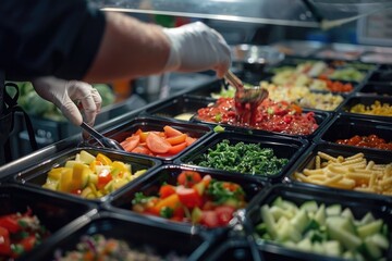 A person wearing white gloves prepares food in a buffet setting, ideal for use in editorial or commercial contexts