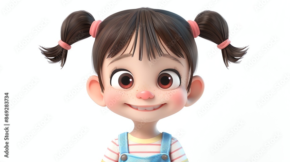 Poster A 3D rendering of a cartoon girl with pigtails and a big smile.