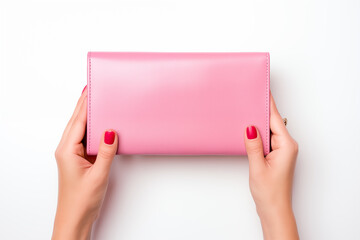 Woman person holding a pink wallet in the hand. Cost control expenses shopping in concept. Leave space to write descriptive text.