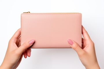 Obraz premium Woman person holding a pink wallet in the hand. Cost control expenses shopping in concept. Leave space to write descriptive text.