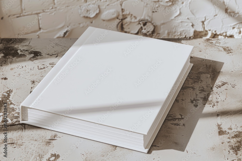 Poster A collection of white books stacked neatly on a table, suitable for use in educational or publishing settings